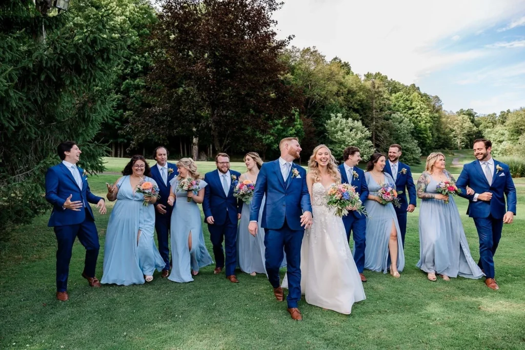 wedding party in shades of blue at Wallkill Golf Club wedding