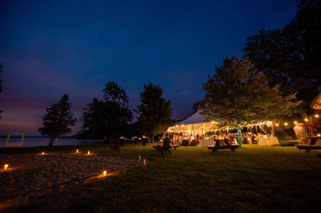 wedding tent at night at Lake George